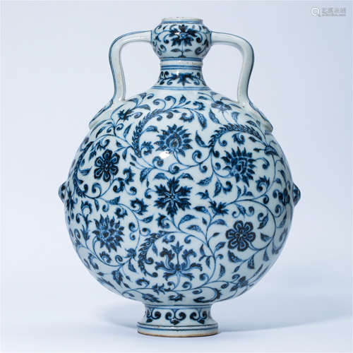 CHINESE PORCELAIN BLUE AND WHITE FLOWER MOONFLASK