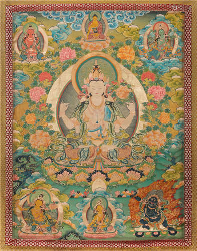 TIBETAN THANGKA OF SEATED GUANYIN