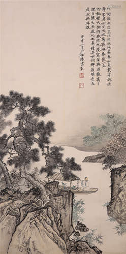 CHINESE SCROLL PAINTING OF MAN IN BOAT