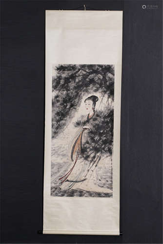 CHINESE SCROLL PAINRING OF BEAUTY UNDER PINE