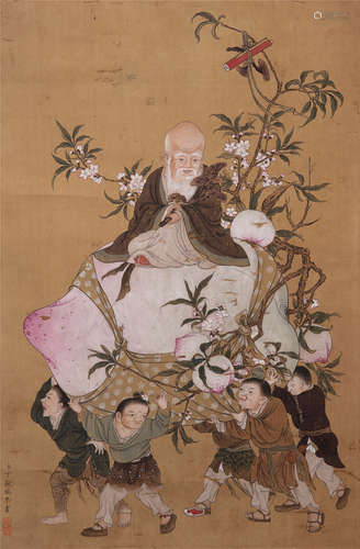 CHINESE SCROLL PAINTING OF OLD MAN WITH PEACH