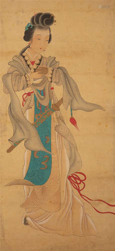 CHINESE SCROLL PAINTING OF BEAUTY WITH CALLIGRAPHY