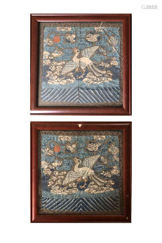 PAIR OF CHINESE EMBROIDERY OFFICIAL RANK BADGE