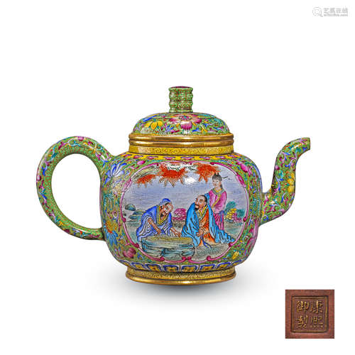 CHINESE ENAMEL YIXING ZISHA CLAY FIGURES AND STORY TEA POT