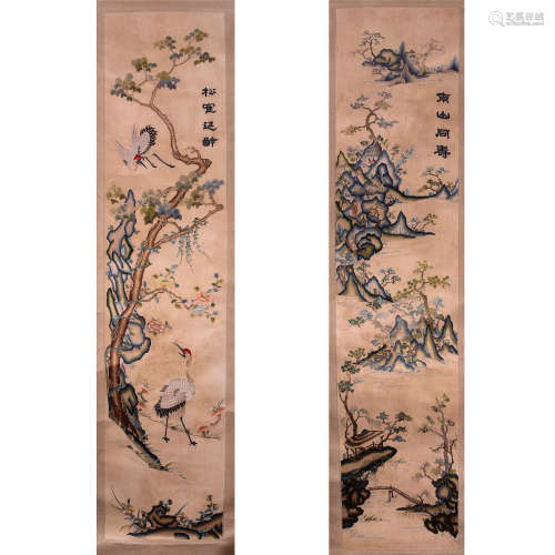 PAIR OF CHINESE EMBROIDERY TAPESTRY OF CRANE AND PINE