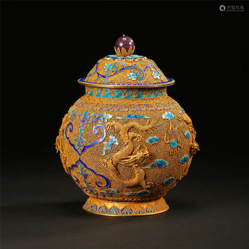 CHINESE GILT SILVER ENAMEL LIDDED DRAGON JAR