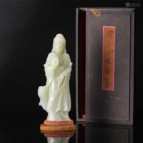 CHINESE CELADON JADE STANDING GUANYIN