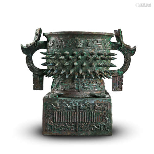 CHINESE ANCIENT BRONZE HANDLED CENSER ON SQUARE BASE