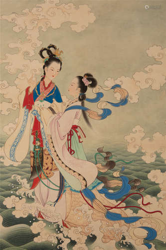 CHINESE SCROLL PAINTING OF TWO BEAUTIES IN OCEAN