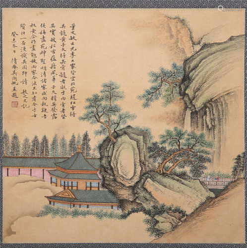 CHINESE SCROLL PAINTING OF PALACE IN MOUNTAIN