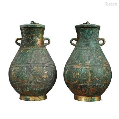 PAIR OF CHINESE GILT BRONZE LIEED VASES