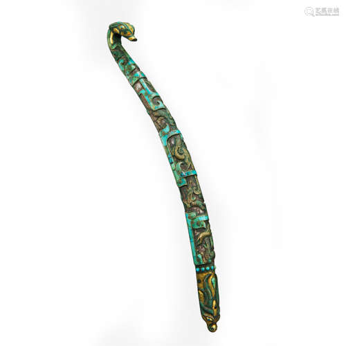 CHINESE TURQUOISE SILVER GOLD INLAID BRONZE DRAGON BELT HOOK