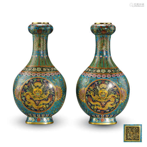 PAIR OF CHINESE CLOISONNE DRAGON VASES