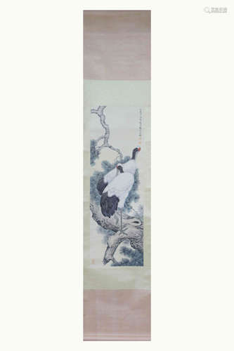 CHINESE SCROLL PAINTING OF CRANE AND PINE