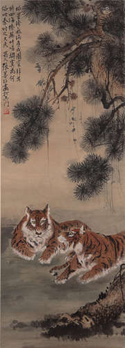 CHINESE SCROLL PAINTING OF TIGER UNDER PINE