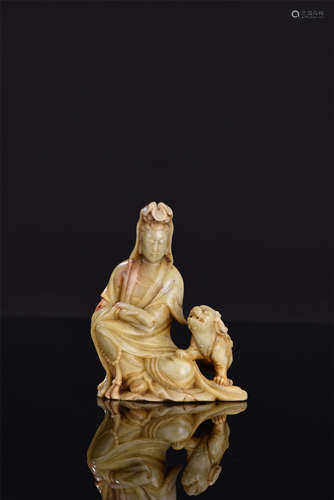 CHINESE SOAPSTONE SEATED GUANYIN WITH BEAST