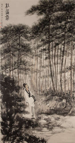 CHINESE SCROLL PAINTING OF MAN IN BAMBOO