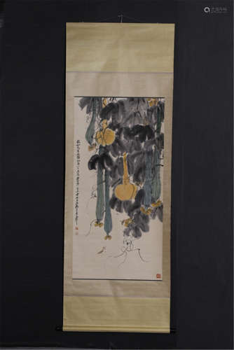 CHINESE SCROLL PAINTING OF SQUASH AND INSECT