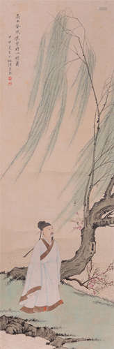 CHINESE SCROLL PAINTING OF MEN UNDER WILLOW