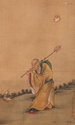 CHINESE SCROLL PAINTING OF LOHAN WITH CANE