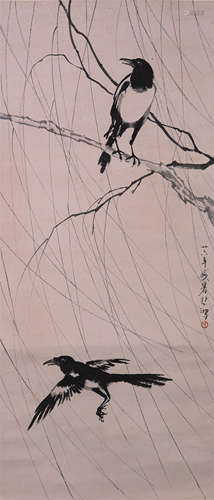 CHINESE SCROLL PAINTING OF BIRD ON TREE