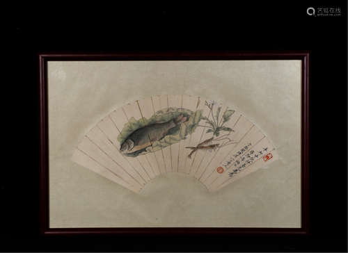 FRAMED CHINESE FAN PAINRING OF FISH WITH CALLIGRAPHY