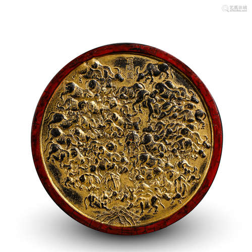 CHINESE GOLD PAINTED CINNABAR ROUND INK CAKE