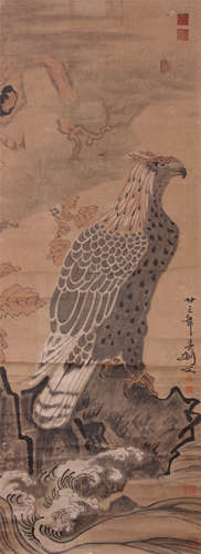 CHINESE SCROLL PAINTING OF EAGLE ON ROCK