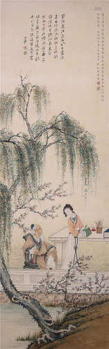 CHINESE SCROLL PAINTING OF OLD MAN AND BEAUTY IN GARDEN