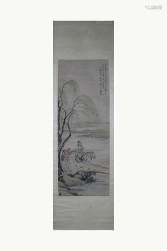 CHINESE SCROLL PAINTING OF HORSEMA UNDER WILLOW