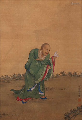 CHINESE SCROLL PAINTING OF LOHAN WITH BIRD