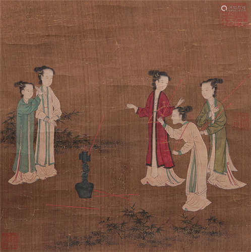 CHINESE SCROLL PAINTING OF BEAUTY PLAYING GAME