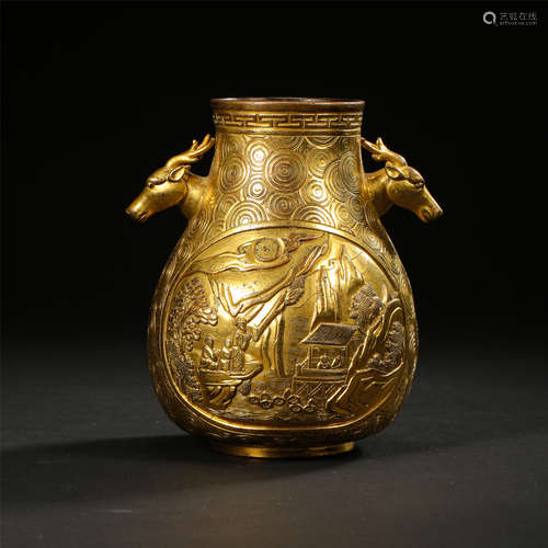 CHINESE GILT BRONZE DEER HEAD HANDLE VASE