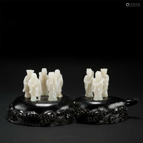 CHINESE WHITE JADE EIGT IMMORTAL ON ROSEWOOD STAND