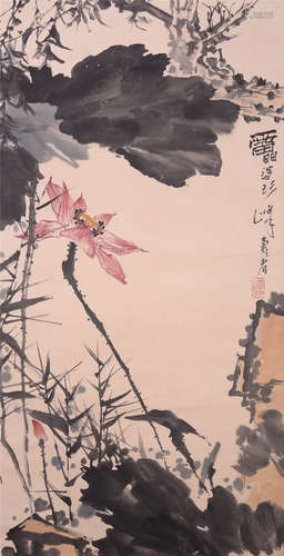 CHINESE SCROLL PAINTING OF LOTUS AND ROCK