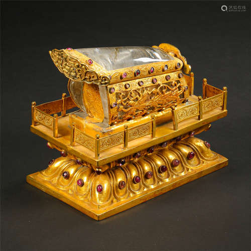 CHINESE GILT BRONZE ROCK CRYSTAL BUDDHIST RELIC COFFIN