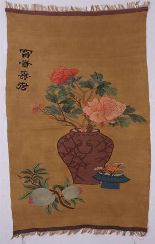 CHINESE EMBROIDERY TAPESTRY OF FLOWER IN VASE