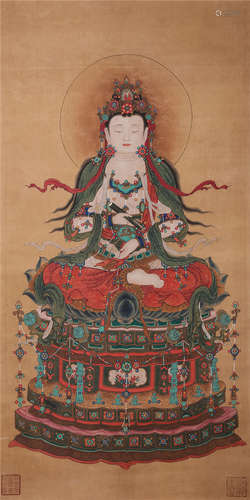 CHINESE SCROLL PAINTING OF SEATED GUANYIN