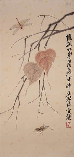 CHINESE SCROLL PAINTING OF INSECT AND LEAF