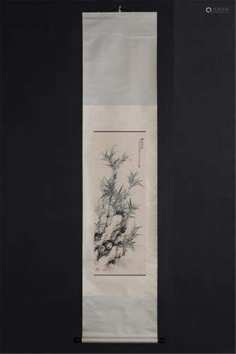 CHINESE SCROLL PAINRING OF BAMBOO AND ROCK