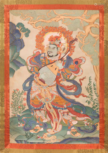 CHINESE THANGKA OF STANDING BUDDHIST GUARDIAN