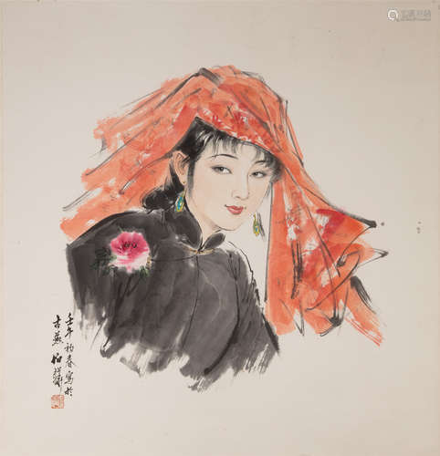 CHINESE SCROLL PAINTING OF BEAUTY WITH ENDSHIELD