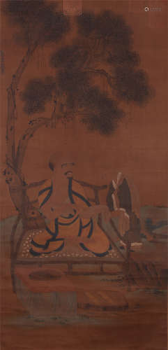 CHINESE SCROLL PAINTING OF LOHAN UNDER TREE