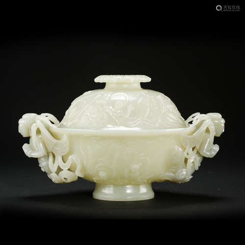 CHINESE WHITE JADE HANDLED LIDDED ROUND CENSER