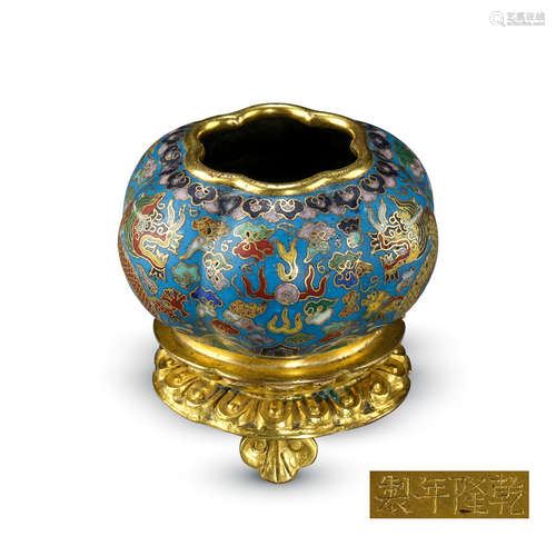 CHINESE CLOISONNE DRAGON WATER POT ON STAND