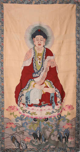 CHINESE EMBROIDERY KESI TAPESTRY OF SEATED BUDDHA