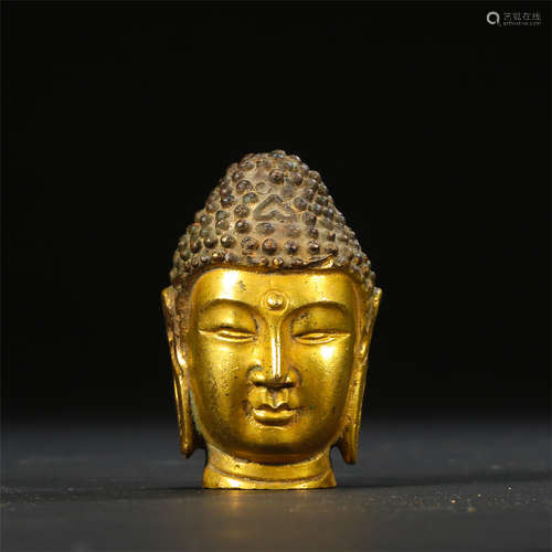 CHINESE GILT BRONZE BUDDHA HEAD TANG DYNASTY