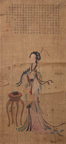 CHINESE SCROLL PAINTING OF STANDING BEAUTY