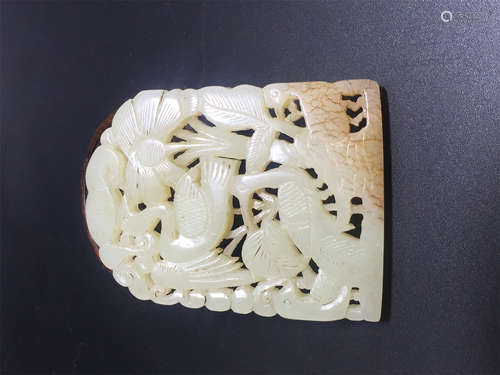 CHINESE WHITE JADE PIERCED CARVED BIRD AND FLOWER PLAQUE