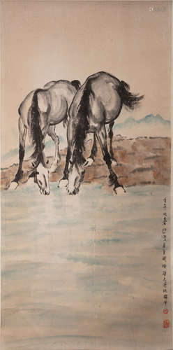 CHINESE SCROLL PAINTING OF HORSE BY RIVER